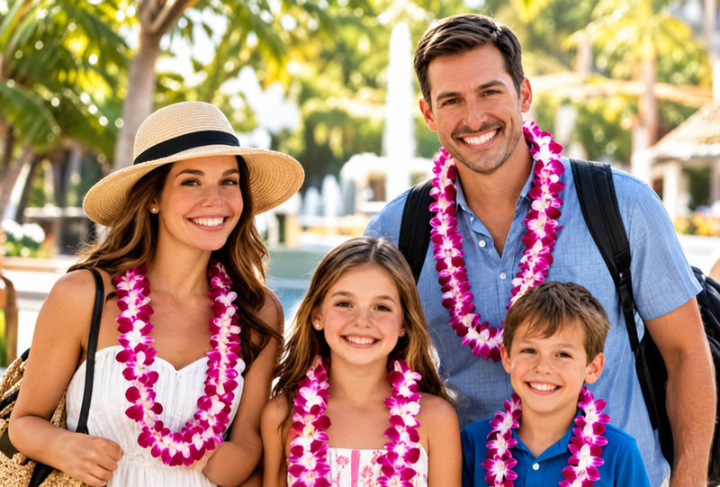 A family wearing orchid leis at the start of their Hawaii vacation